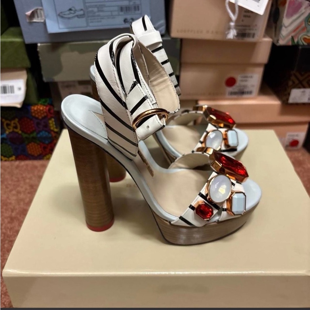 Sophia Webster White Striped Platform Sandals with Red Gem Accents